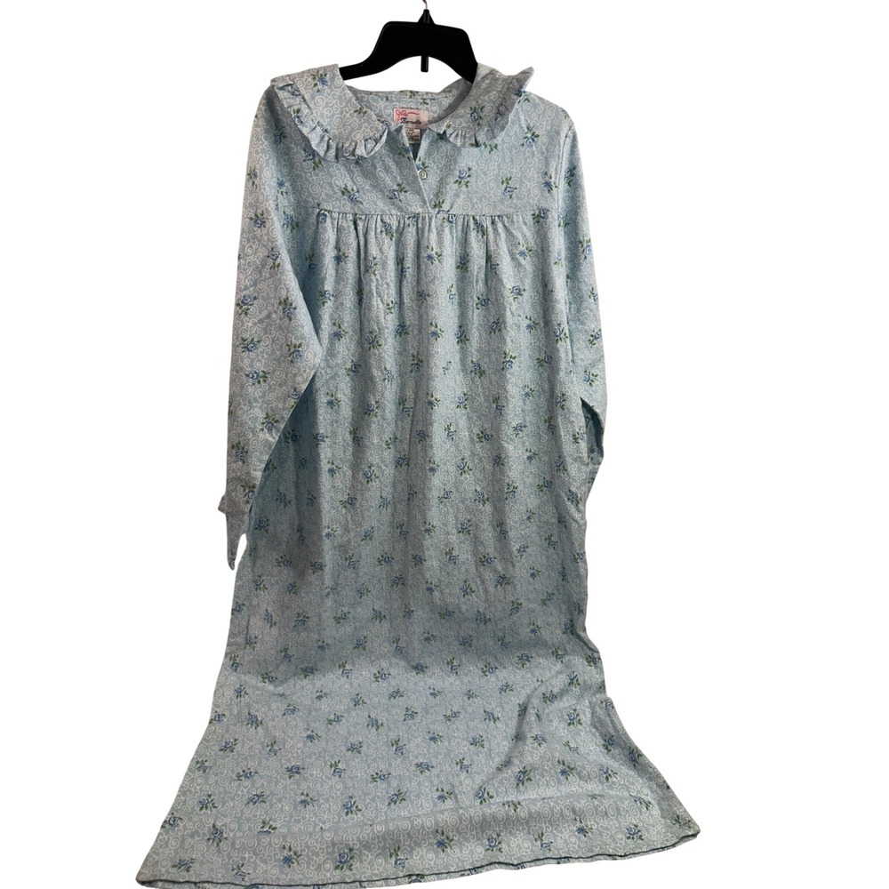 Bernette Nightgown Large Blue Floral Cotton Ruffle Collar Sleepwear Womens